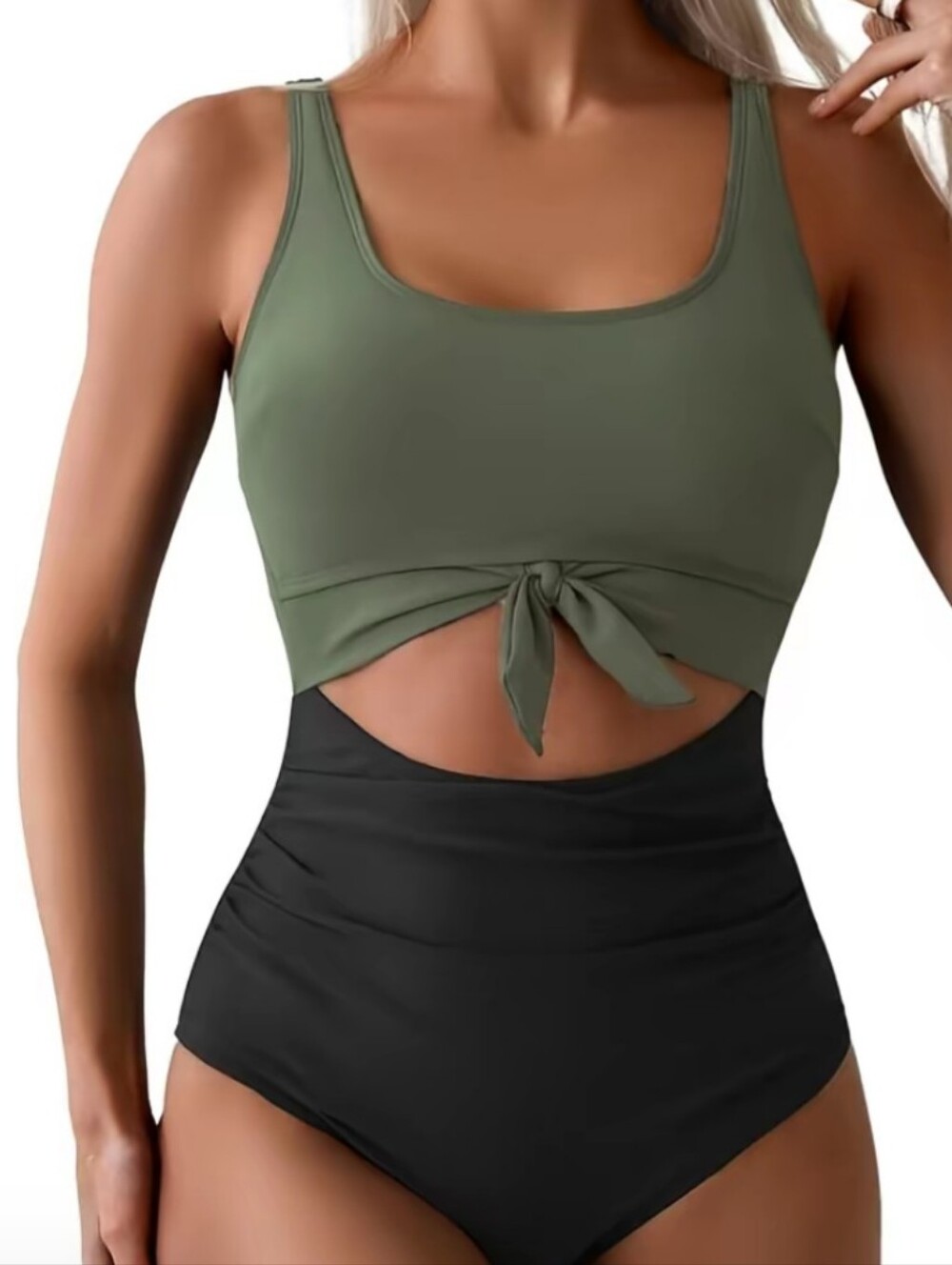 ONE Piece High-Waist Bikini Set in Olive and Black